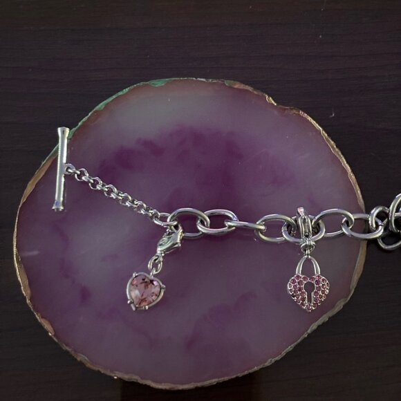 Swarovski Silvertone Toggle Bracelet with Heart Charms, Pink Crystal & Key, 7.75 - Picture 3 of 10